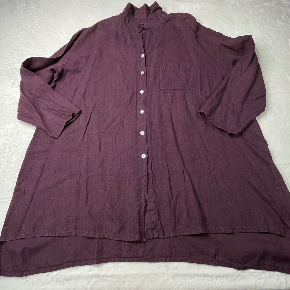 Backstage Womens 100% Linen Plum Purple Button Down Tunic High Low Top Oversized